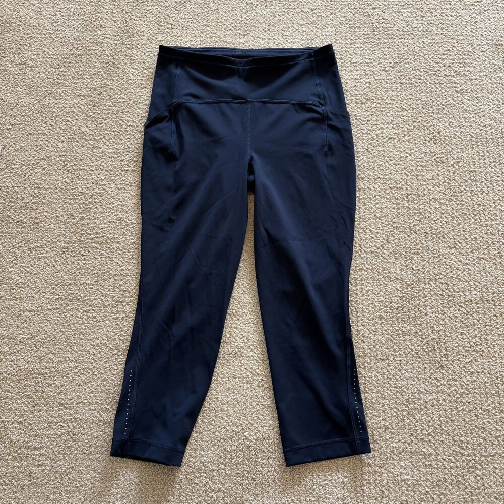 Lululemon Fast And Free Crop Leggings Womens 8 Navy Blue Pockets 19 Inseam Run